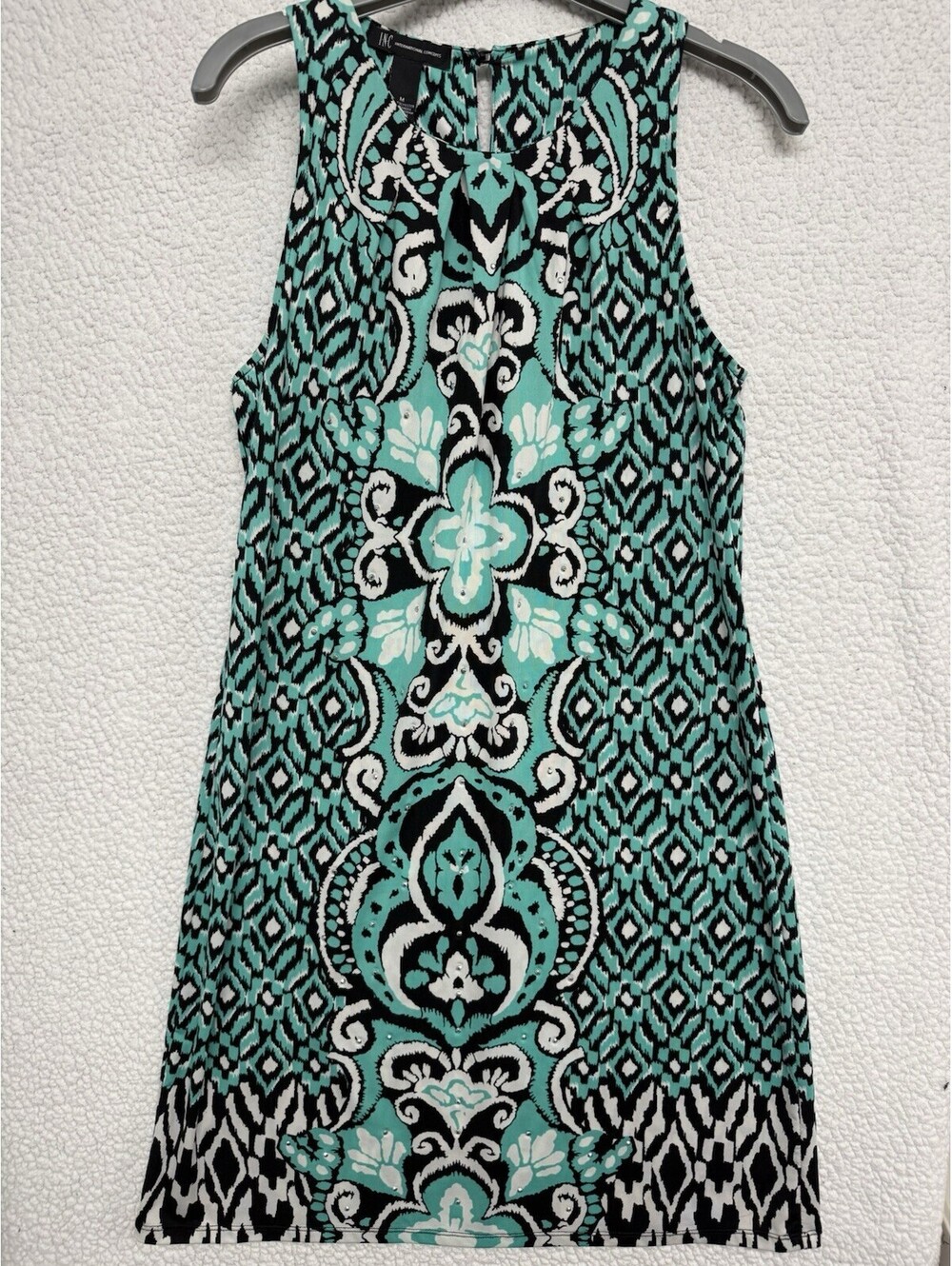 INC International Concepts Womens M Turquoise Black Print Rhinestone Shift Dress